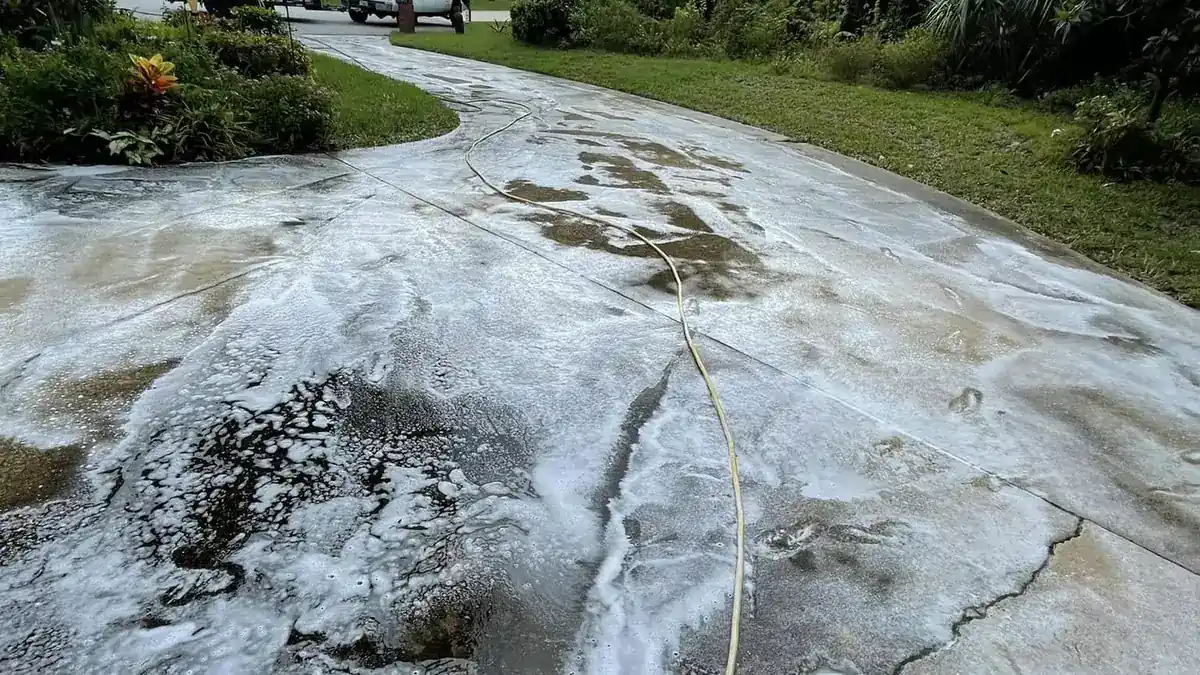 Cleaning solution dwelling on a St. Augustine driveway before a low-pressure rinse
