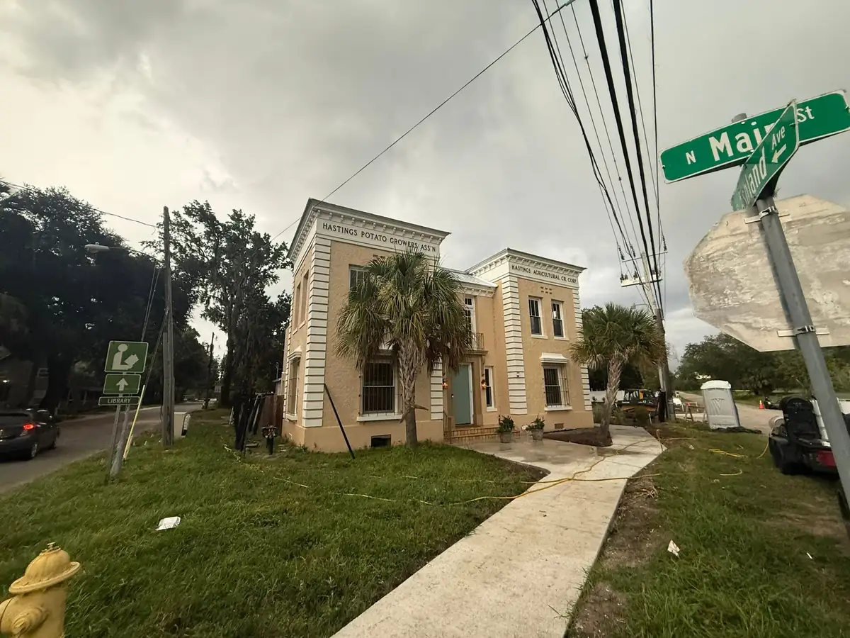 Historic civic building and public sidewalk on North Main Street after cleaning